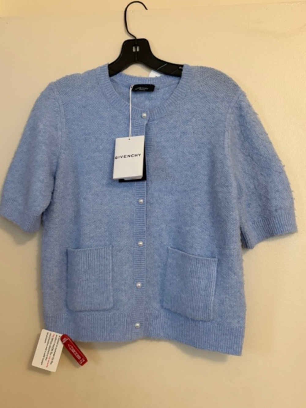 BNWT Givenchy Baby Blue Short Sleeve Sweater w/ Pearl Buttons Size Medium